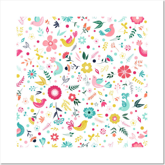 Cute floral birds design Wall Art by Unalome_Designs